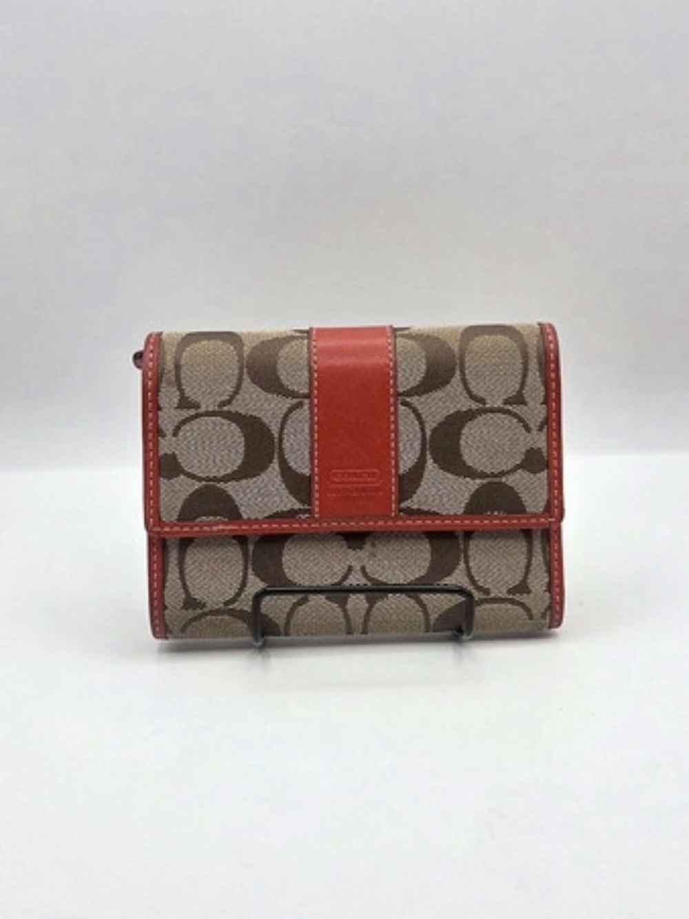 Coach Signature Canvas Wallet with Coral Trim and Brown Monogram